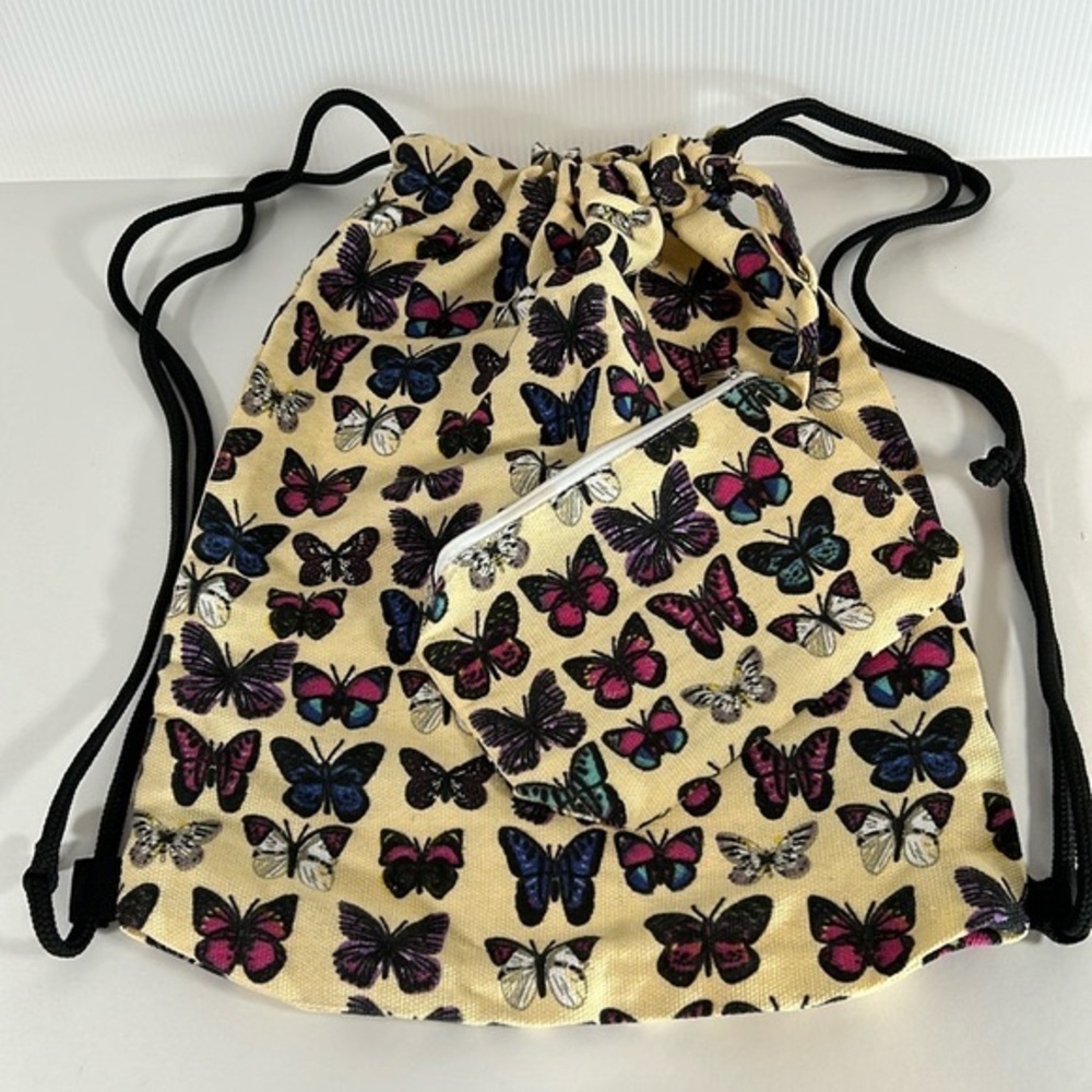 Boho Countrycore Butterfly Drawstring Canvas Handbag With Attached Zipper Pouch